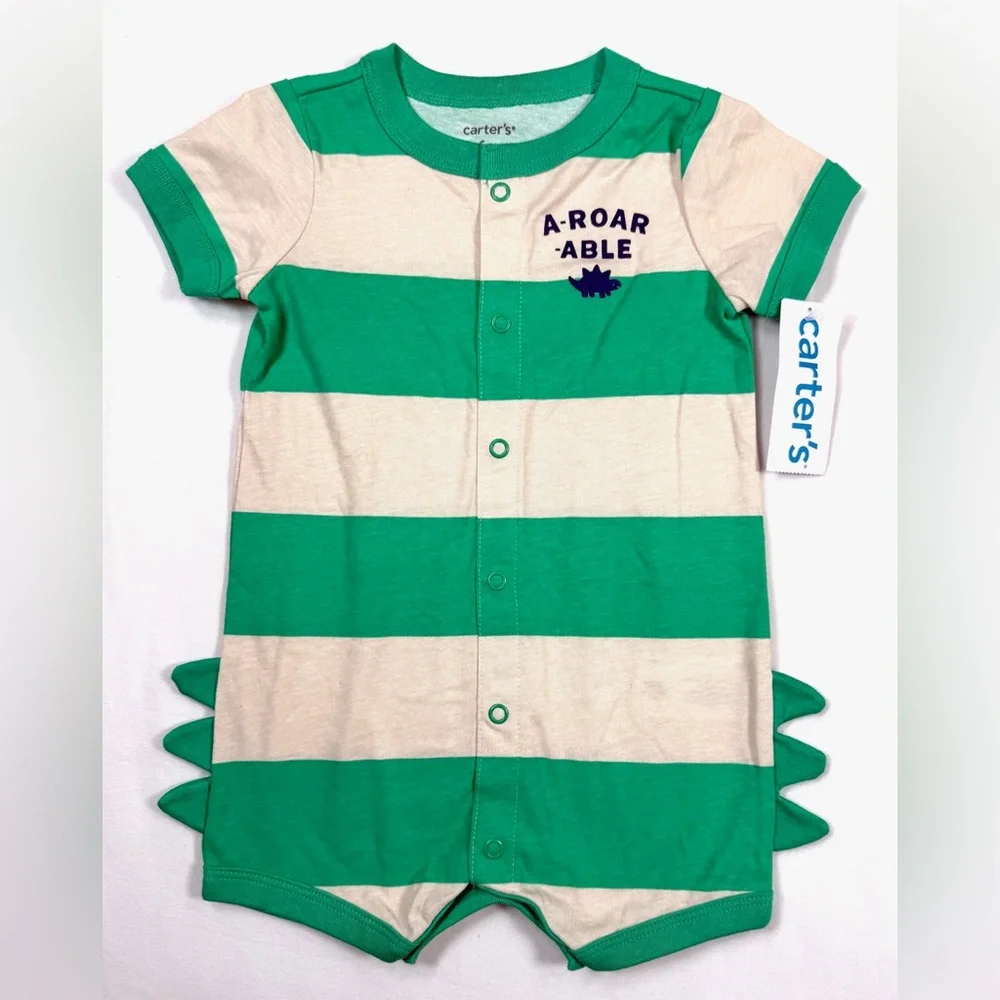 NWT CARTER’S Baby Dinosaur Stripe Romper‎ 6M Green Cute Playful Everyday NEW